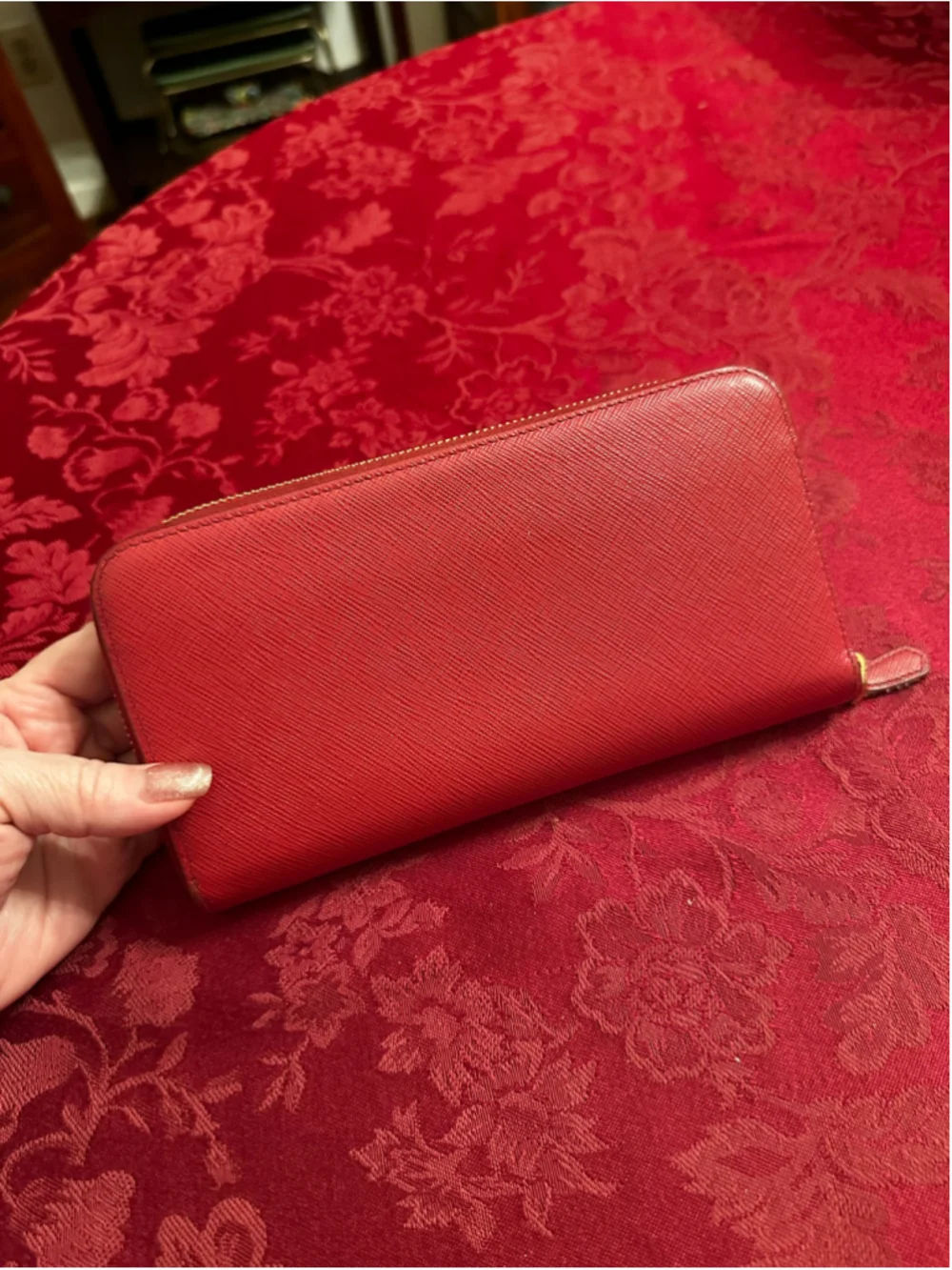 Prada Red Saffiano Leather Long Zip Around Wallet